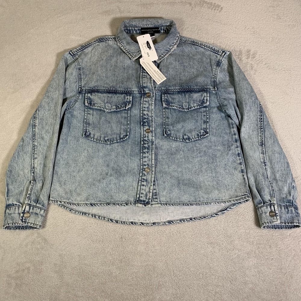 Sanctuary Denim Jacket Womens Small Light Wash Blue Cropped Boy Shirt Jacket NEW